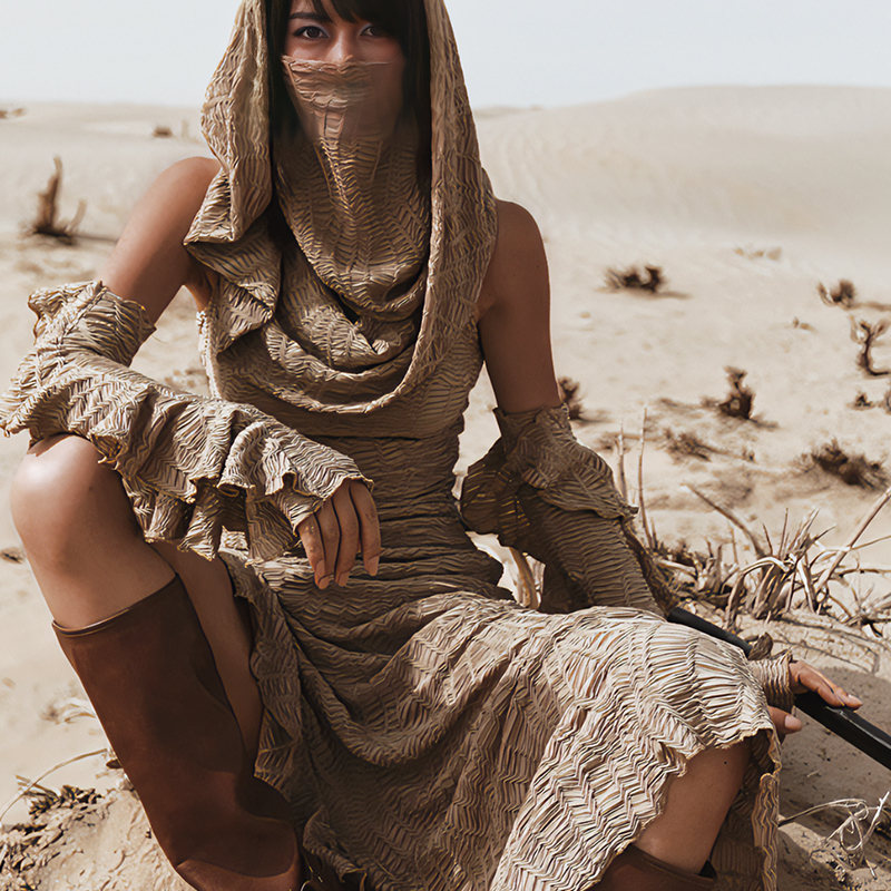 Mai Xu's Original "Sand Island Cold" Dune Wasteland Style Sexy Hottie Knitted Hooded Dress + Mask + Arm Sleeves