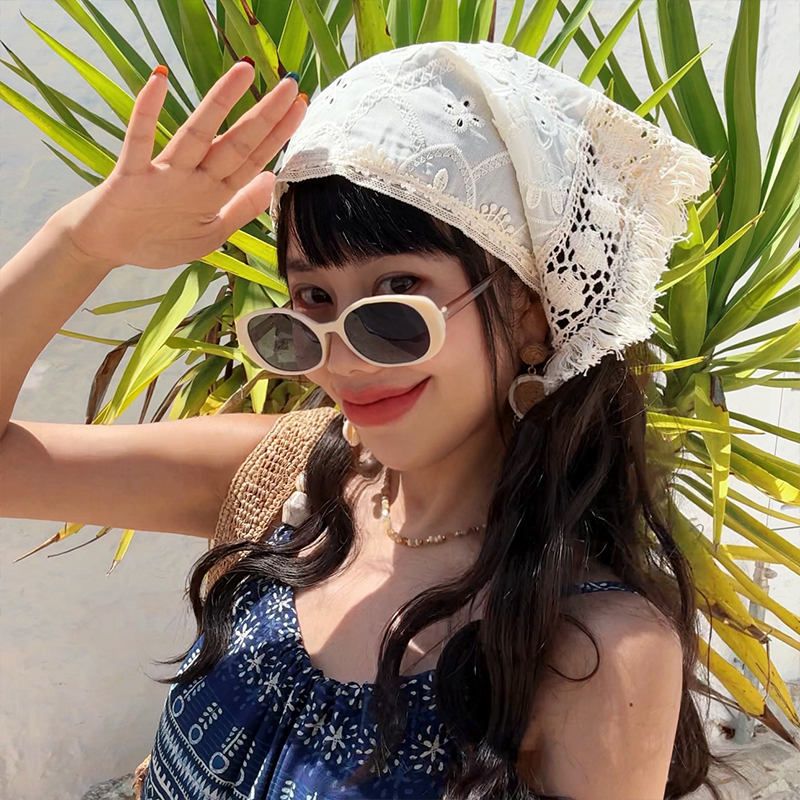 Mai Xu's Original "Pastoral Girl" Bohemian Vacation Style Lace Embroidered Tassel Tie Headscarf Triangle Scarf