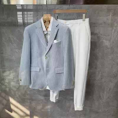 British style blue and white stripes slim suit jacket men's Korean fashion fashion wedding suit suit suit