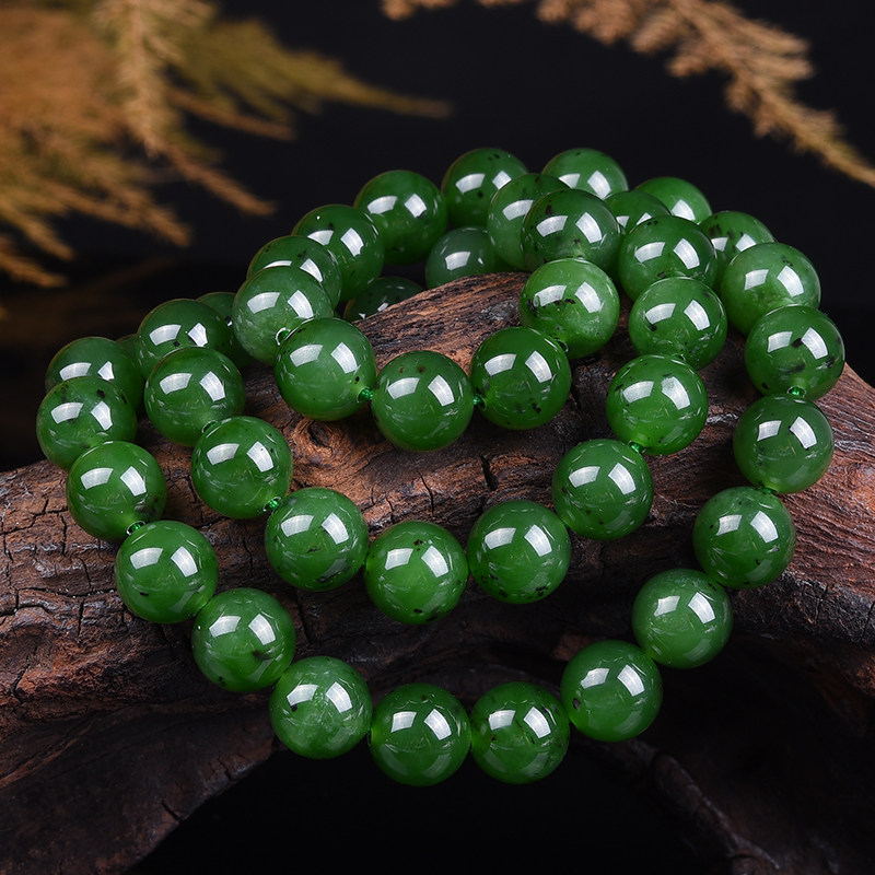 Xinjiang Hetian Jade Jasper Necklace Women's Natural Spinach Green Jade Bead Chain Ball Bead Sweater Chain