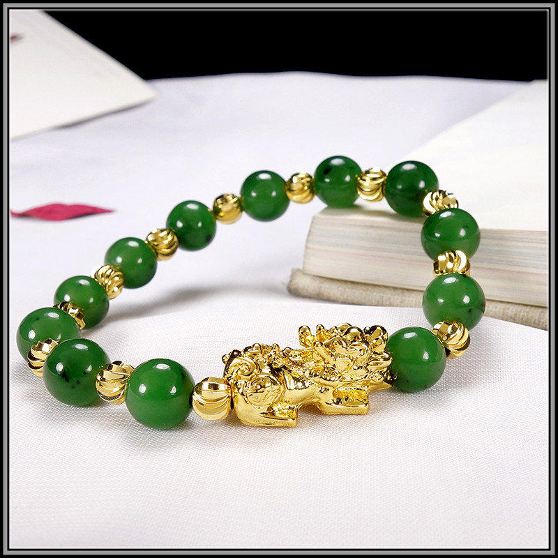 Xinjiang Hetian jade jasper Pixiu hand gold inlaid jade lucky Pixiu bracelet 925 gold-plated transfer bead hand