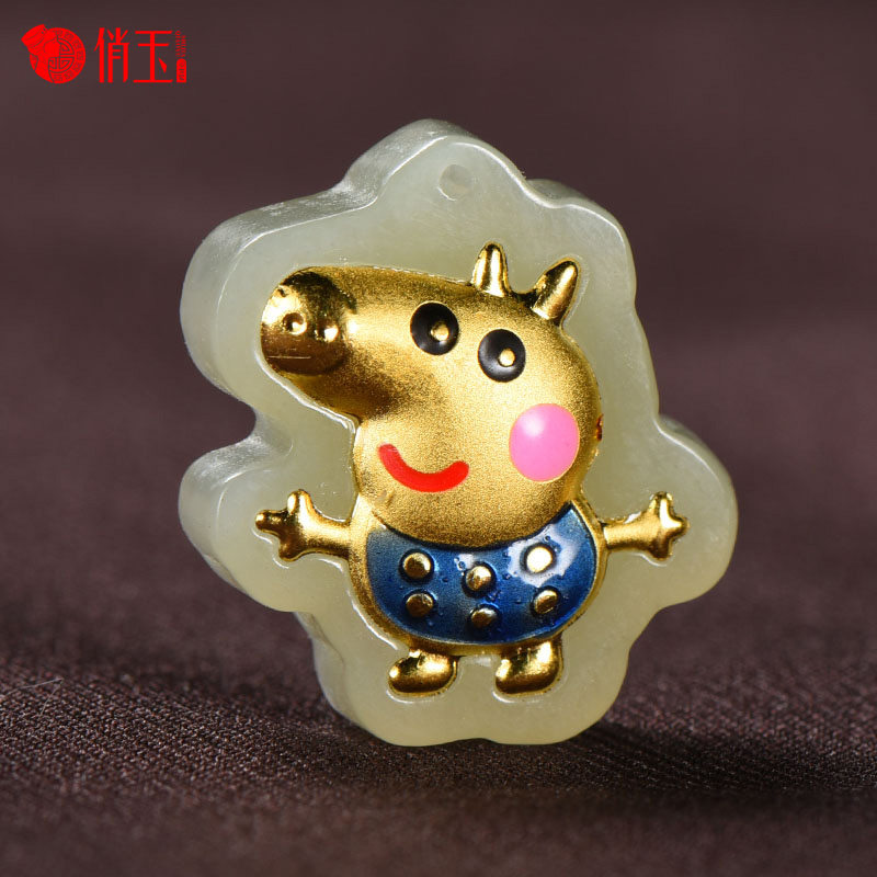 Xinjiang Hetian jade pig page pendant social girl models children's fashion white jade gold-plated