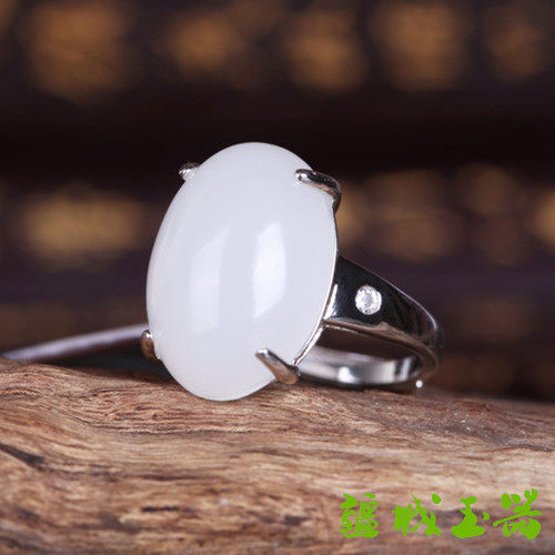 Hetian jade white jade ring sterling silver S925 color silver gold inlaid jade ring ring women's suet white jade ring