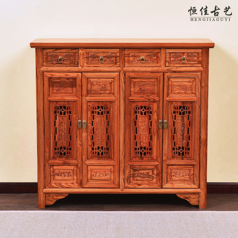 All-Solid Wood Storage Cabinet, Antique-Style Redwood and Southern Elm Breathable Entry Cabinet, Home Doorway Storage Cabinet, New Chinese-Style Shoe Cabinet