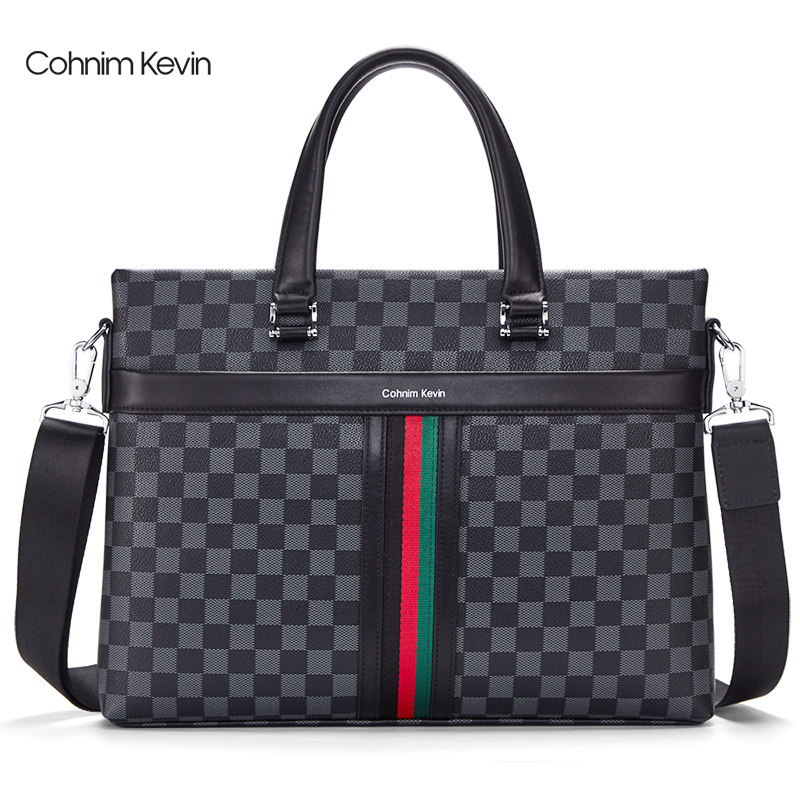 Light business men's hand-held cowhide document bag leisure business trip computer bag briefcase plaid bucket bag