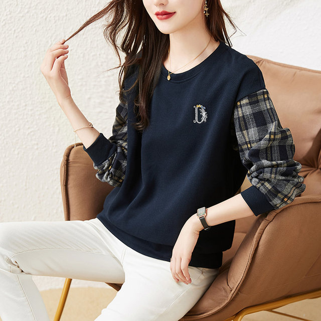 September Momo embroidery beaded diamond plaid stitching sweater women's spring and autumn new loose and thin design top