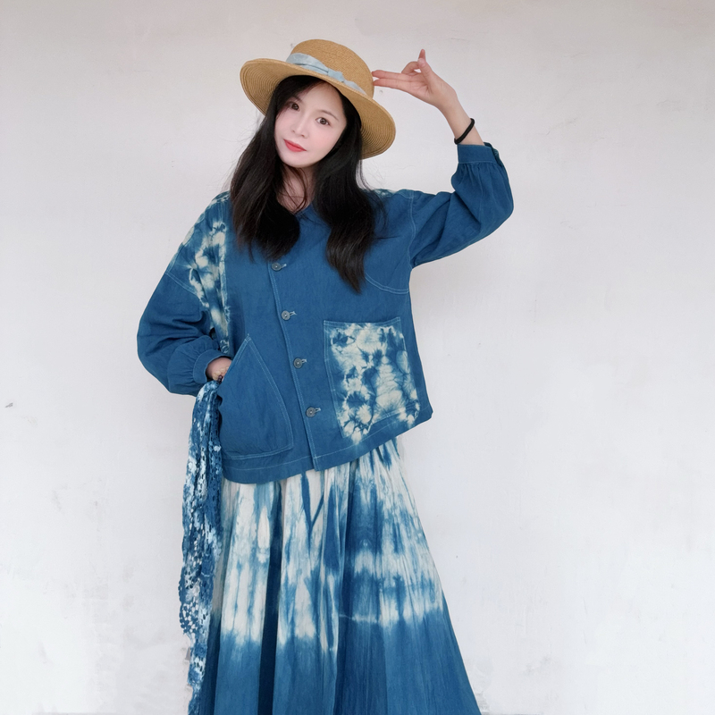Original Design Handmade Plant-Dyed Blue-Dyed Spring Artistic Round-Neck Pocket Loose Lantern-Sleeve Cotton Jacket