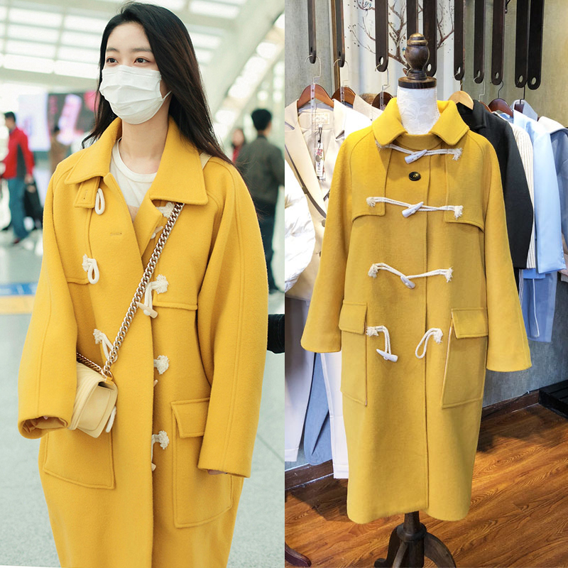 2021 winter Korean Lee Sung-kyung same style horn button coat Hepburn style loose mid-length woolen coat women