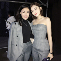 2021 spring and autumn Qi Wei star with the same plaid thin small suit suit female British style retro bandeau three-piece set