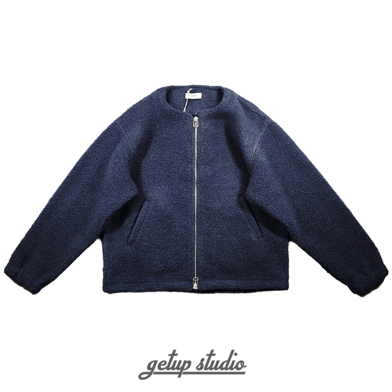 Getup Lamb Wool Simple Casual Style Round Neck Zipper Jacket Men's Loose Short Outwear Dark Blue