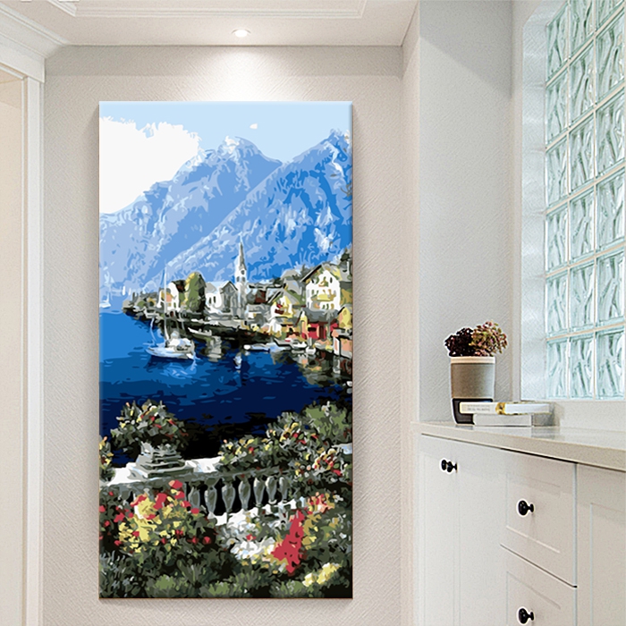 Vertical version blue Mediterranean DIY hand-painted digital oil color painting European-style genguan aisle decoration painting scenery Fill color painting