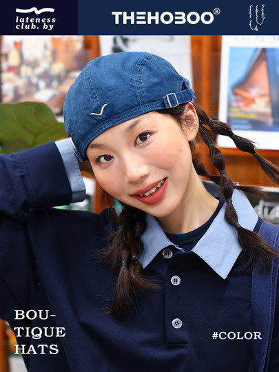 THE HOBOO original embroidered reverse beret women's autumn and winter forward hat showing face small hat men's newsboy hat