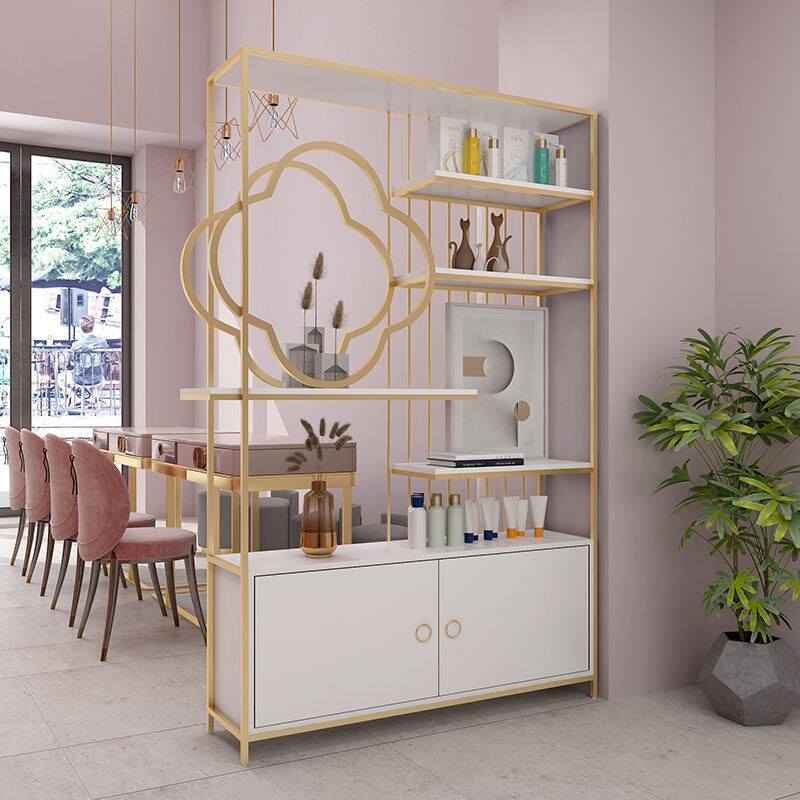 Light luxury beauty salon partition shelf cosmetics display stand nail shop landing porch bookshelf wrought iron shelf