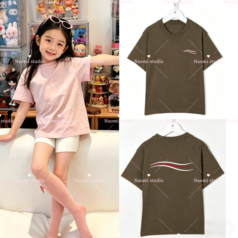Naomi's New Two-Color Round-Neck T-Shirt with Embroidered Letter Logo for Boys and Girls, Parent-Child Style