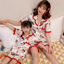 Japanese sweet mother womens ice silk pajamas short sleeve 2021 cardigan silk girl size child parent-child thin home clothing