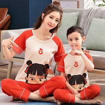 Mother and daughter pajamas parent-child suit spring and summer cotton short-sleeved trousers cartoon home clothes childrens pajamas girls