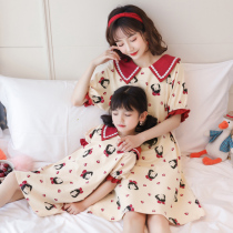 2021 Japanese parent-child dress mother and daughter pajamas Princess nightgown women Summer cotton short-sleeved girl childrens thin household clothes