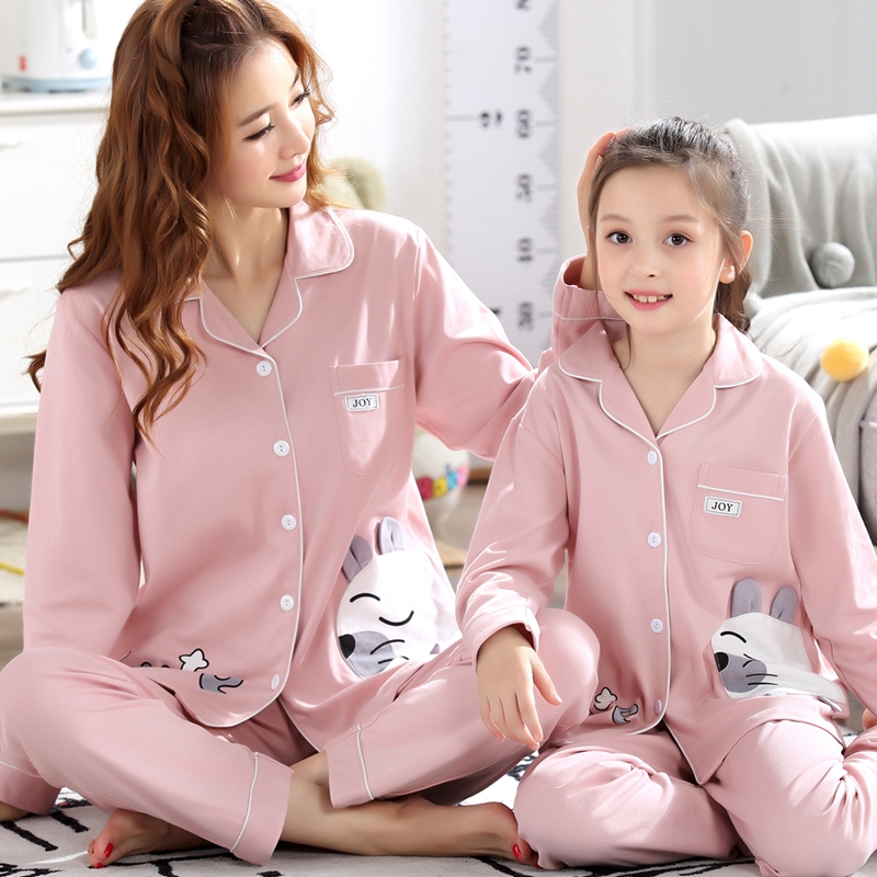 Spring fall parent-child sleepwear mother woman dress pure cotton long sleeve Korean version cardiovert cute big boy girl 7-year-old 10 home clothes