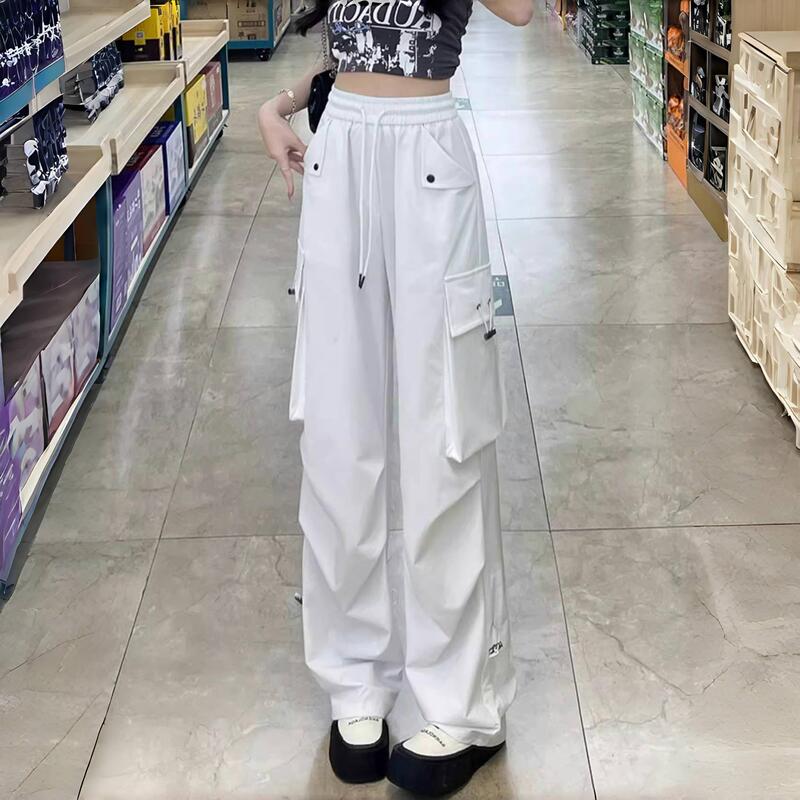 2025 New Trendy Cargo Pants for Women, High-Waisted, Slimming, Wide-Leg, Straight-Leg, White, Casual, Loose, Retro, Sporty Long Pants