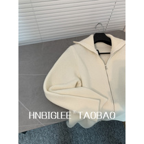 HNBIGLEE texture is very soft waxy ~ baby cashmere zipper high collar lazy profile casual big white cardigan