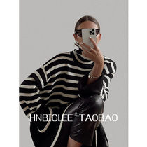 HNBIGLEE black and white striped contrast large sleeve split merino wool turtleneck sweater long sleeve knit