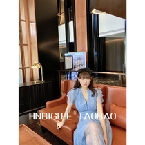 HNBIGLEE super beauty~Mesh polka dot flocking layered pleated flying sleeve V-neck waist dress long dress