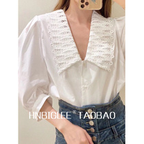 HNBIGLEE French bubble sleeve feminine water-soluble lace Retro large lapel sweet three-point sleeve shirt for women