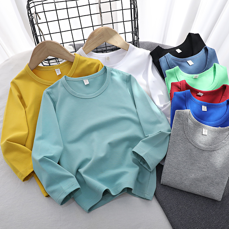 2022 children's clothing spring autumn clothing long sleeves T-shirt boy girl full cotton round collar inside lap clothes children's pure color net version Korean version T