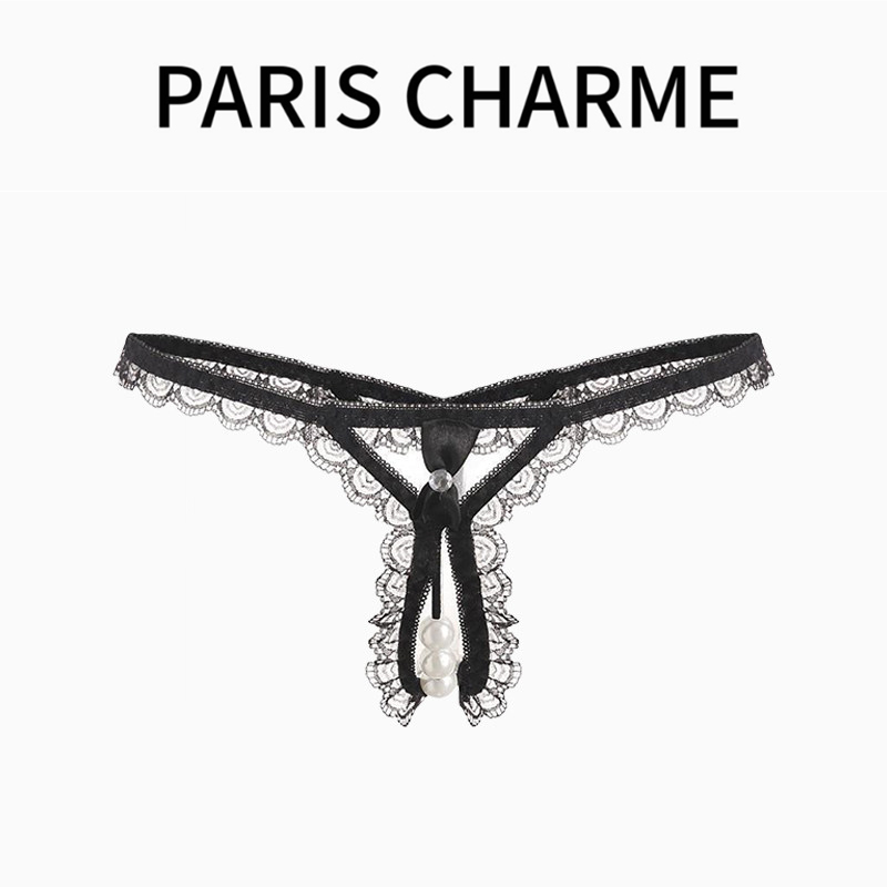 French Paris Charme Sexy Lace Pearl Massage Thong Women's Low-Waist Transparent Hollow-Out Pure Desire Panties