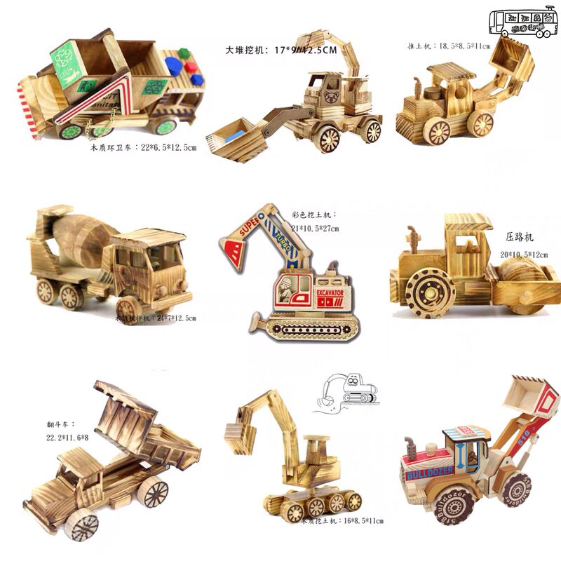 New Wooden Construction Vehicle Models: Crane, Excavator, Road Roller, Forklift, Dump Truck, Mixer, Decorative Pieces