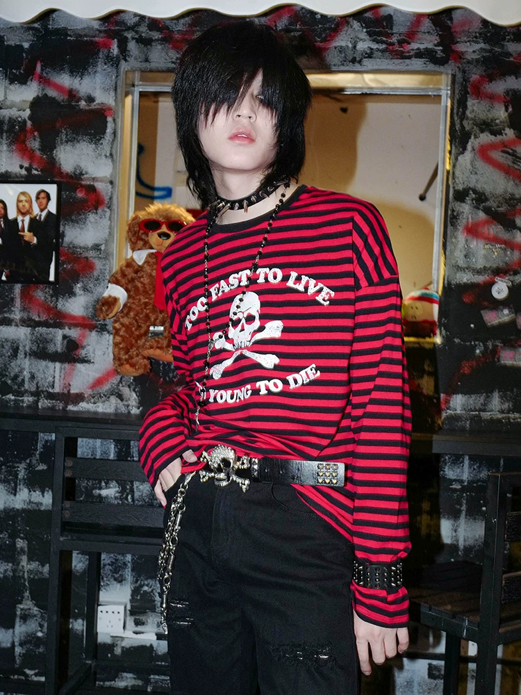 Не вмешивайтесь в BIZZCUT/Smooth emo/Субкультурная свободная футболка с широкими плечами черные серые полосы базовая длинный рукав