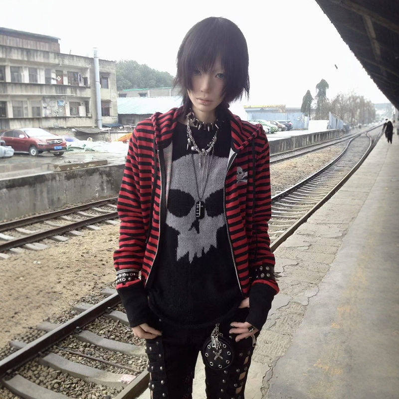 Don'T Be Silly Bizzcut/Retro Emo/Spring Subculture Top Jacket Y2K Black and Red Striped Zip-Up Hoodie