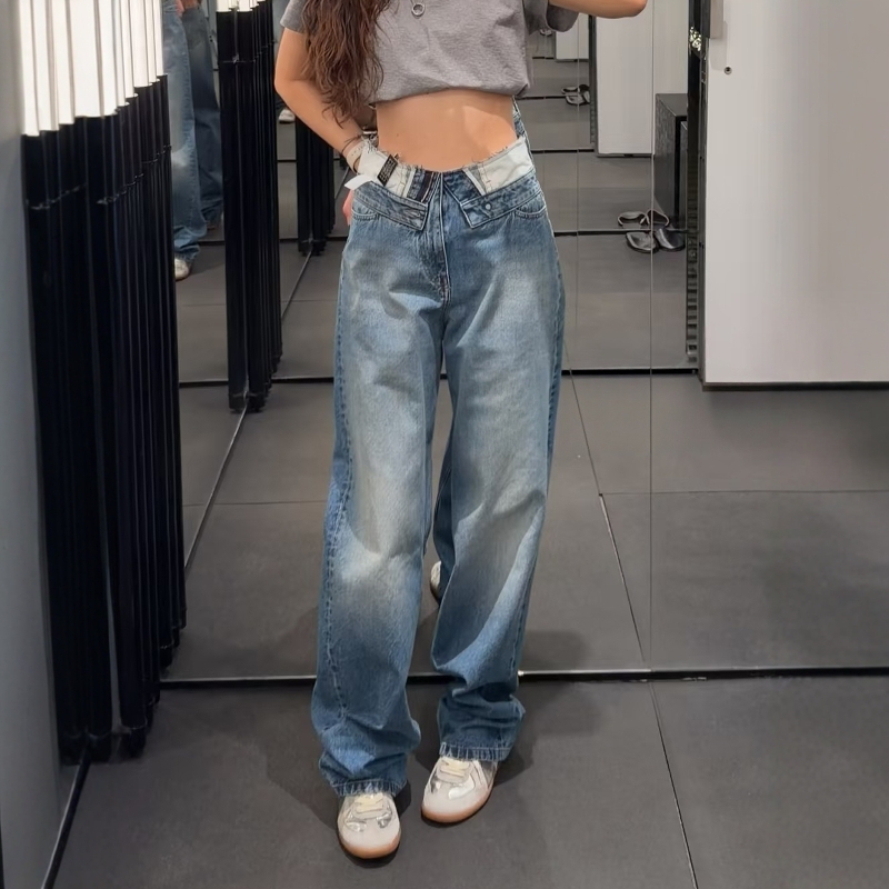 High-Waisted Straight-Leg Jeans with a Unique Design, American Retro Style, Thin Summer Version High-Waisted Straight-Leg Jeans with a Unique Design, American Retro Style, Thin Summer Version