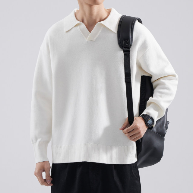 hansca ດູໃບໄມ້ລົ່ນແລະລະດູຫນາວ Polo collar knitted sweater ສໍາລັບຜູ້ຊາຍສີແຂງວ່າງ lazy ແບບ lapel ກັບ sweater ອົບອຸ່ນ