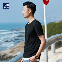 Hanska 2021 summer new versatile loose short-sleeved T-shirt mens casual Korean version of pure cotton fake two-piece half-sleeve tide