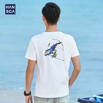 Hanska 2020 summer new cotton short-sleeved white T-shirt men's retro fashion brand personality fashion printed T-shirt