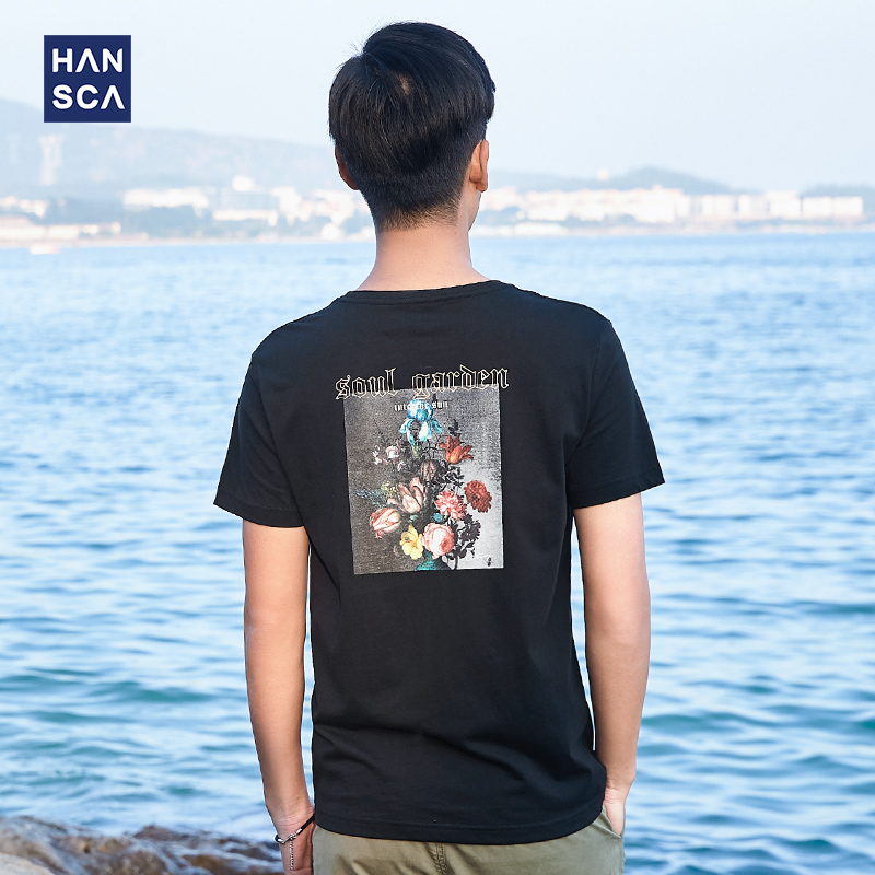 Hanska 2021 Summer new round collar short sleeve trend printed T-shirt male black loose 100 lapped Korean version half sleeve