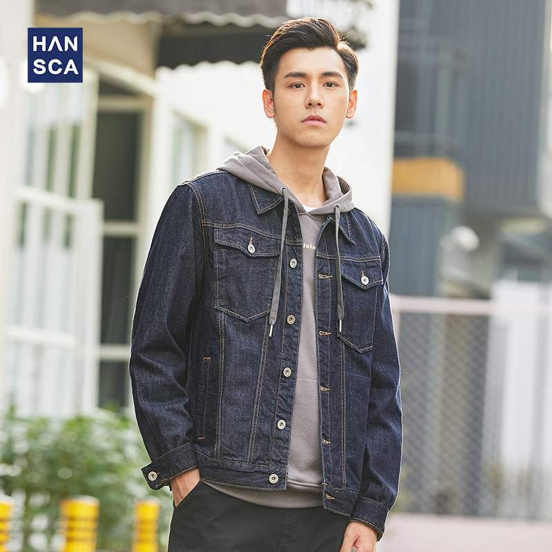 Hanska Spring Autumn Season Black Cowboy Jacket Male size Loose Repair and Antique Youth Denim Jacket Tide