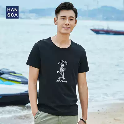 Hanska 2020 summer new men's short-sleeved T-shirt men's black cotton printed T-shirt trend top