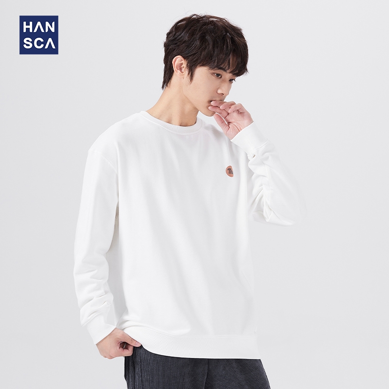 Hanska autumn and winter solid color round neck thick cotton T men's loose all-match Korean trend youth casual hoodless top