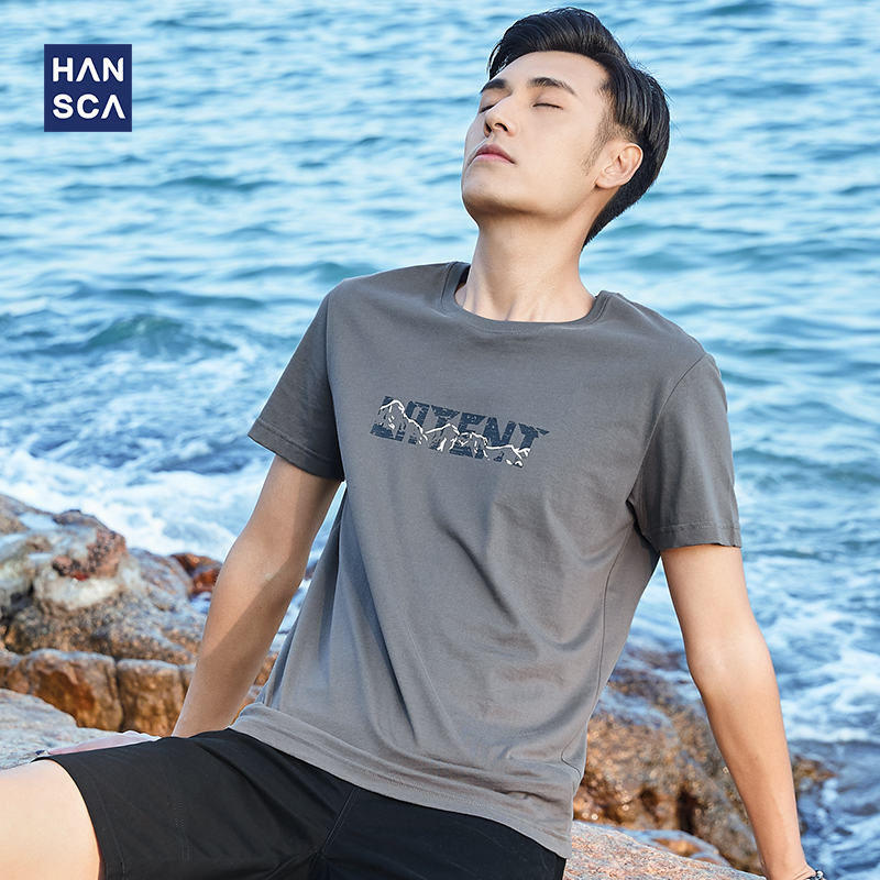 Hanska's new loose short - sleeved t - shirt men's pure cotton collar tide printed deep gray to bottom half sleeves