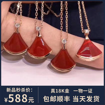 Small skirt fan necklace female 18K rose gold Red chalcedony white mother shell fan pendant choker holiday gift