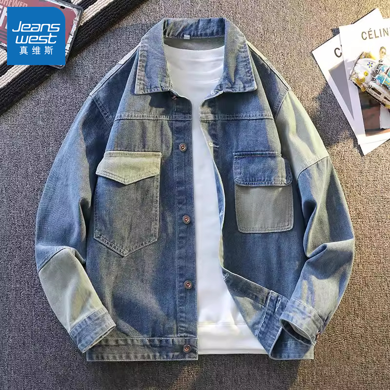 Jeanswest Retro Patchwork Denim Jacket for Men, Spring and Autumn Workwear Jacket, Loose and Versatile, Cool and Stylish Denim Jacket