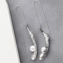 Find original design feather long pearl ear line s925 sterling silver gold-plated personality temperament super fairy earrings female simple