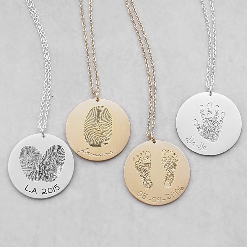 American Designer Grace Private Custom Memorial Fingerprint Palm Print Letter 925 Pure Silver Gilded Couple Necklace