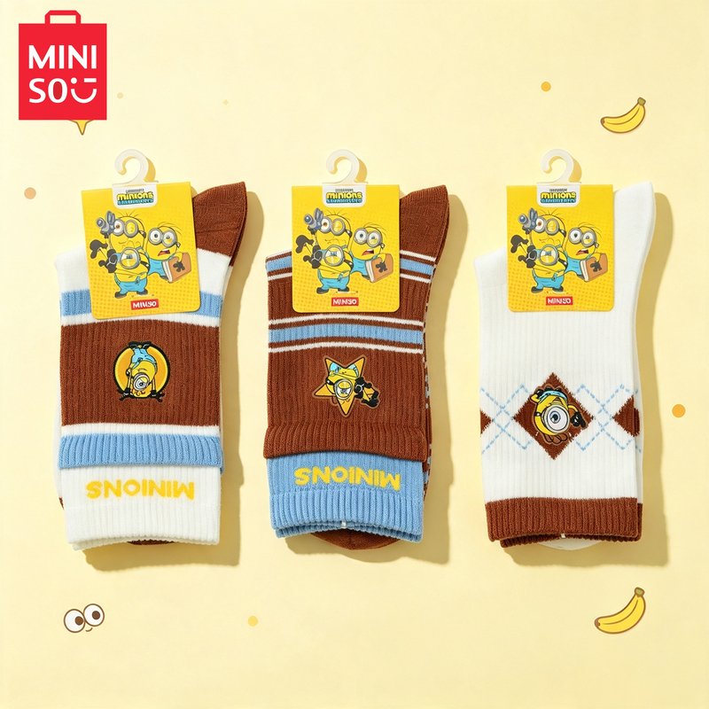 Miniso Minions and Big Monsters Long Socks Cute Cartoon Striped Embroidered Mid-Calf Socks for Men and Women