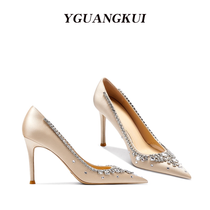 Champagne-Colored Wedding Shoes, High-Heeled Shoes for Women That Don'T Tire Your Feet, Thin Heels, Rhinestone Engagement Shoes, High-End, Beautiful and Comfortable Crystal Wedding Shoes