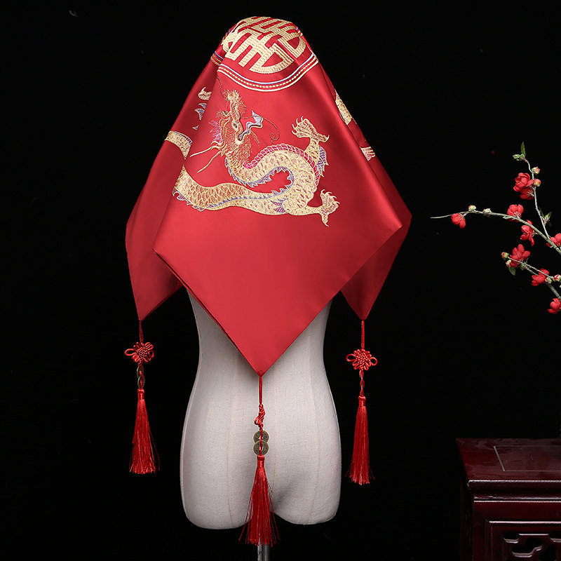 Bridal hijab Chinese style Xiuhe dress wedding dragon and phoenix embroidery wedding big red hijab yarn 2018 new satin retro