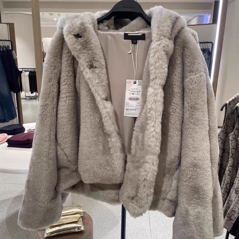 Za's 2025 Winter New Women's Long-Sleeved Hooded Faux Fur Teddy Bear Jacket Short Coat 6318279