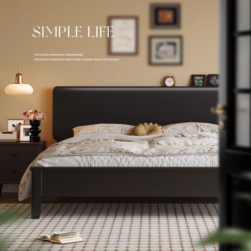 Nordic Solid Wood Bed, Black, Vintage, Modern and Simple, 1.62m American-Style Double Bed, Small Apartment B&B Furniture Nordic Solid Wood Bed, Black, Vintage, Modern and Simple, 1.62m American-Style Double Bed, Small Apartment B&B Furniture
